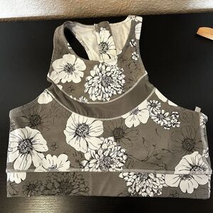 Mono B Zip Back Sports Bra Grey-brown White Floral Medium Women’s Racerback